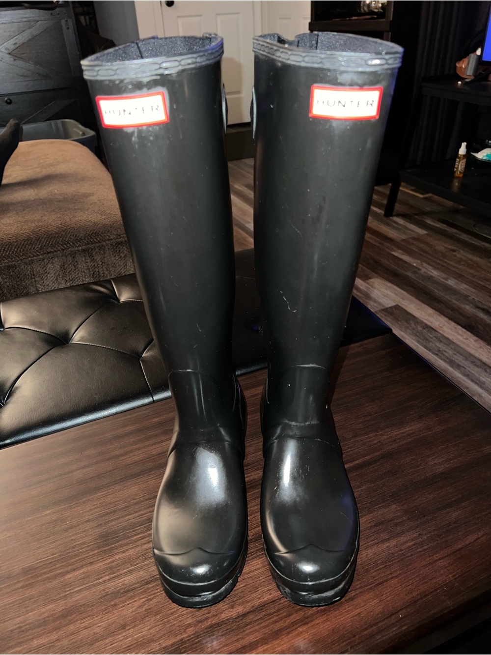Hunter Glossy Black Tall Rain Boots with Red Logo